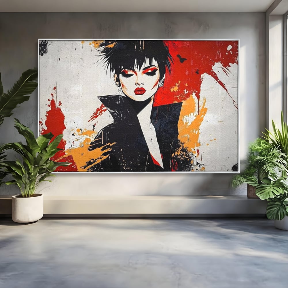 Tablou canvas cu ilustratie digitala cu portret de femeie in stil punk, in rama de aluminiu argintiu